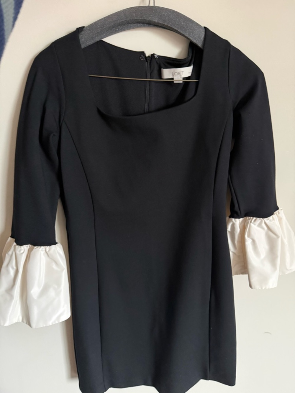 LOFT Black Dress with White Ruffle Cuffs
